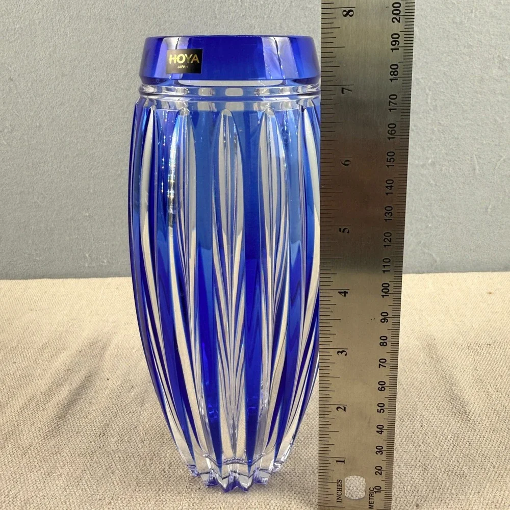 Hoya Cobalt Blue Cut Crystal‎ Vase Japanese Modernist Faceted 8